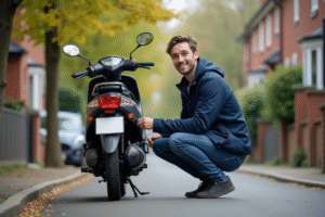 Jeune homme attachant un porte-bagages sur sa moto Skyteam 125 Dax