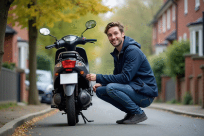 Jeune homme attachant un porte-bagages sur sa moto Skyteam 125 Dax
