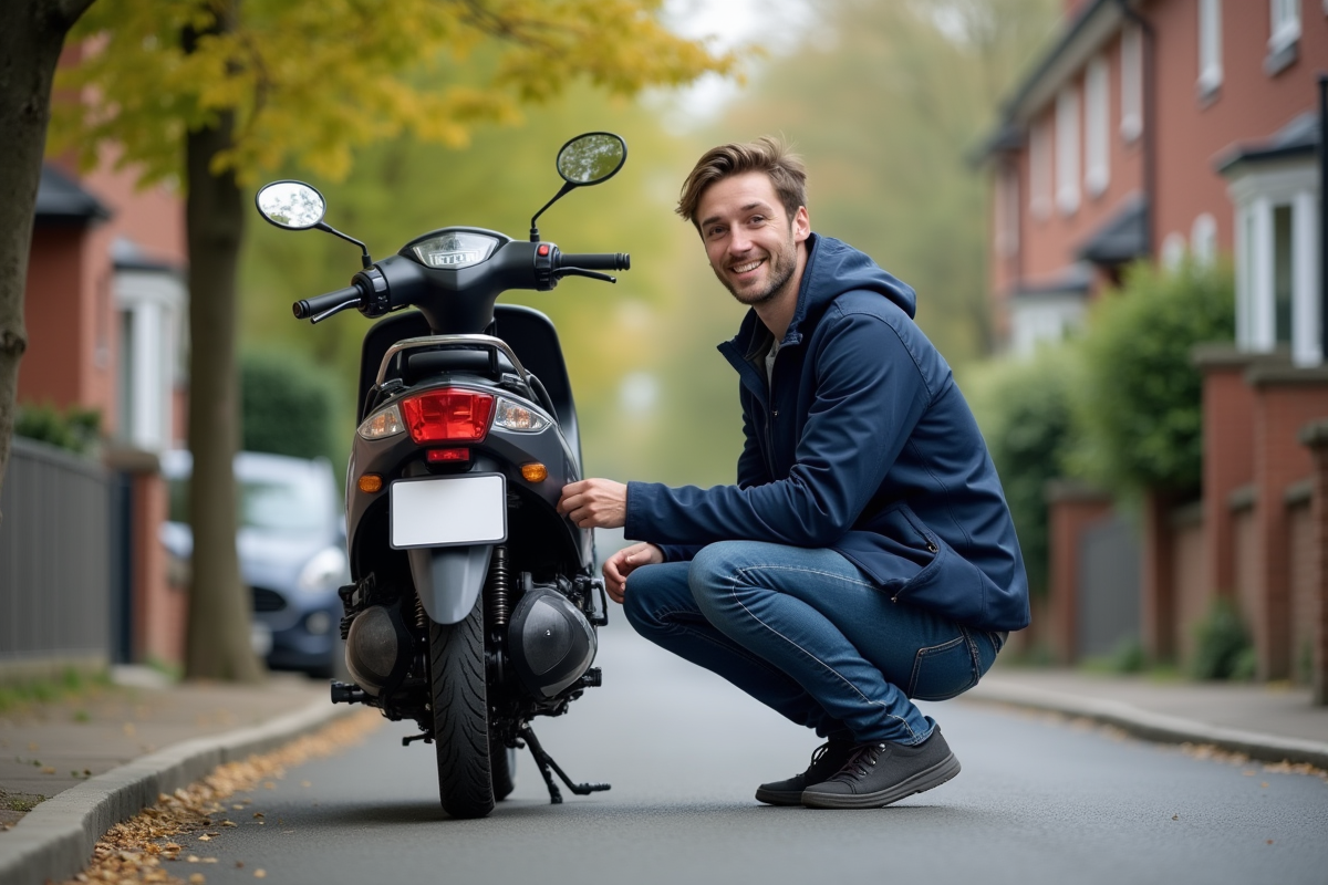 Jeune homme attachant un porte-bagages sur sa moto Skyteam 125 Dax