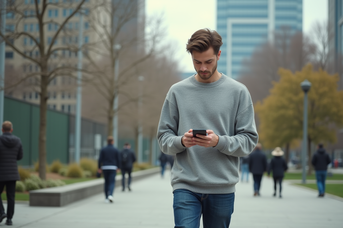 Jeune homme marchant dans un parc urbain avec smartphone