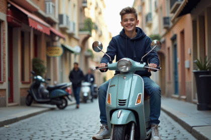 Jeune garçon souriant avec scooter 50 cc en ville