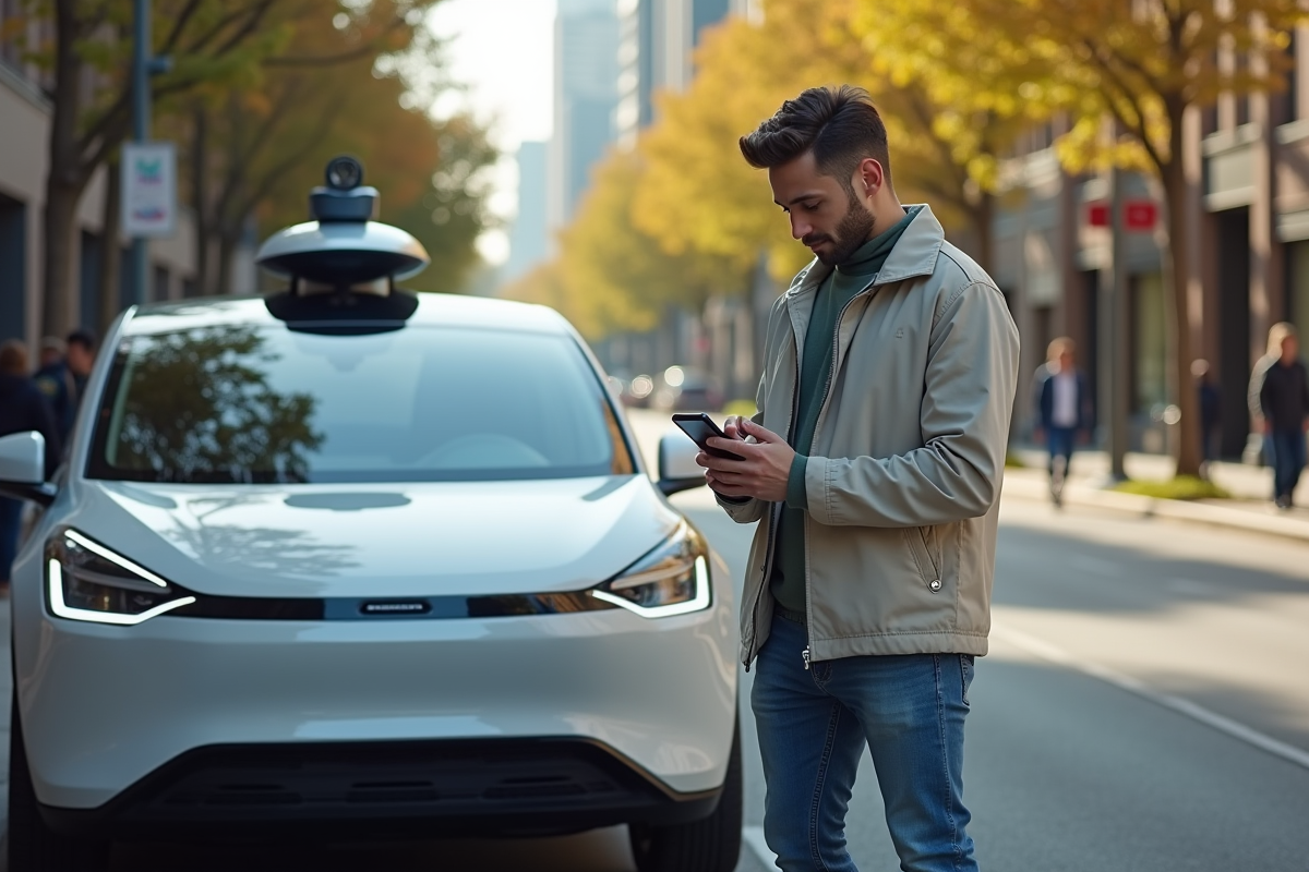 Jeune homme vérifiant un smartphone holographique à côté d