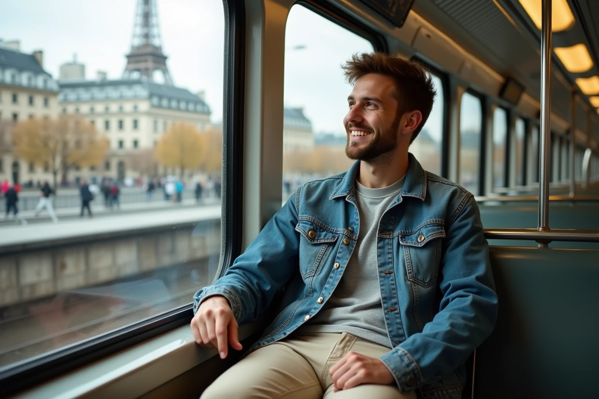 Jeune homme souriant dans le train avec vue sur Paris