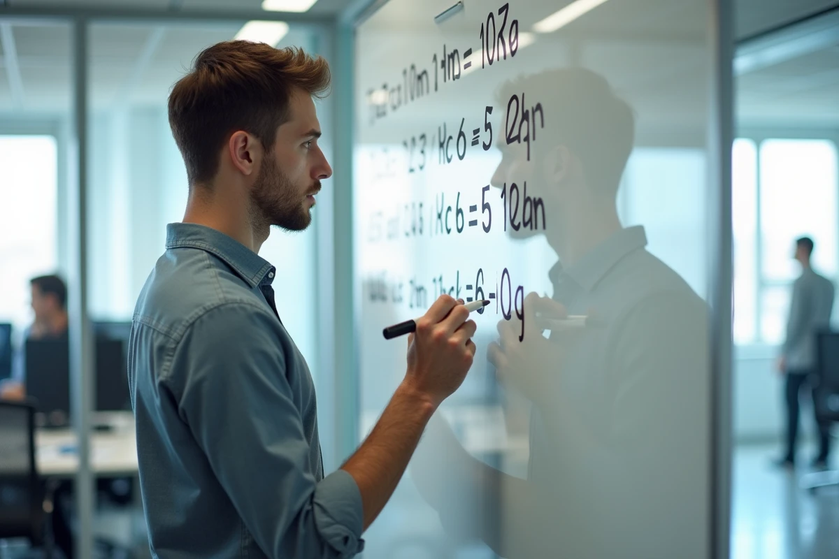 Jeune homme français utilisant un tableau blanc