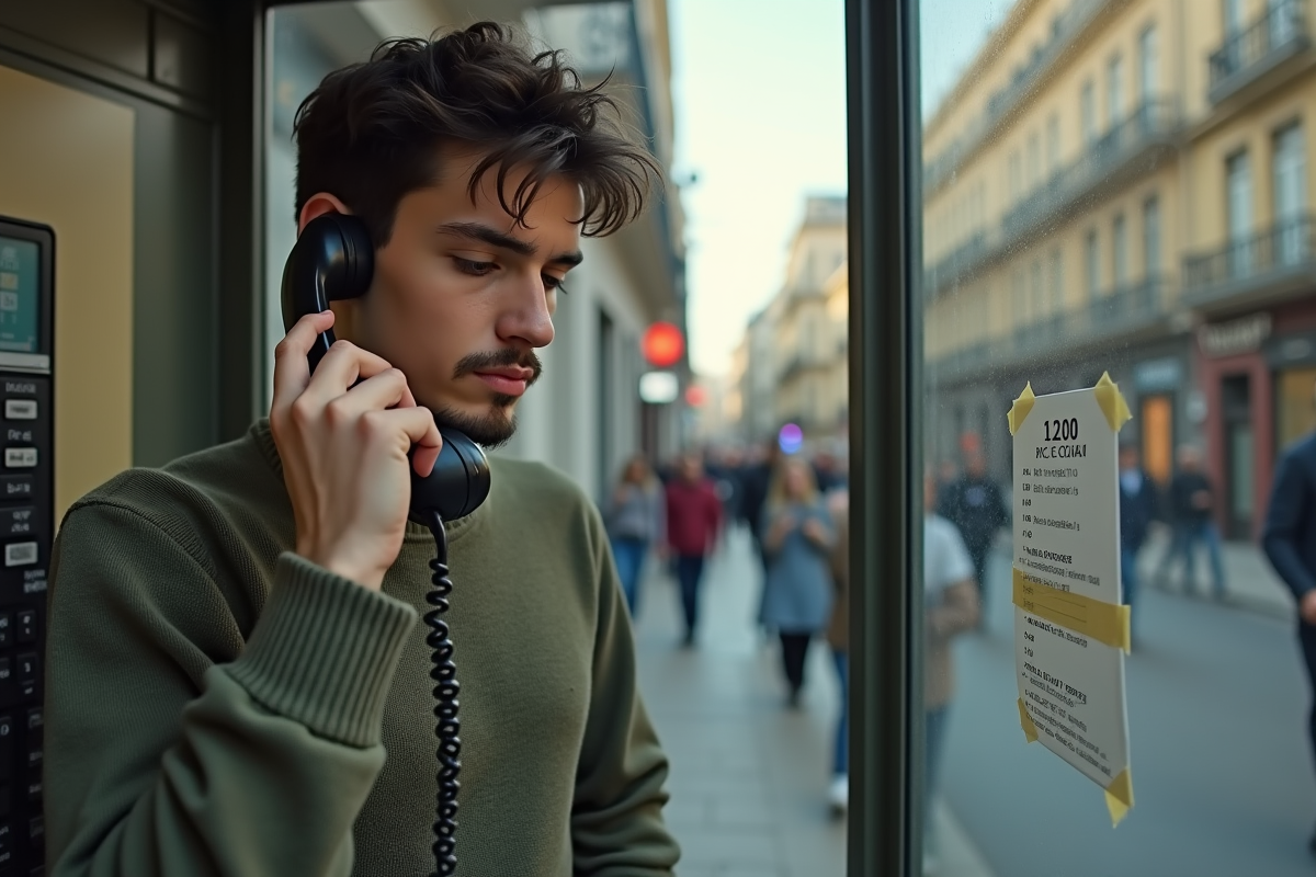 Jeune homme dans une cabine téléphonique urbaine en train de composer un code