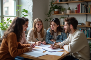 Jeunes adultes discutant autour d'une table à Paris