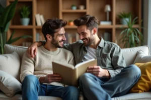 Deux jeunes hommes lisant un manga dans un salon chaleureux