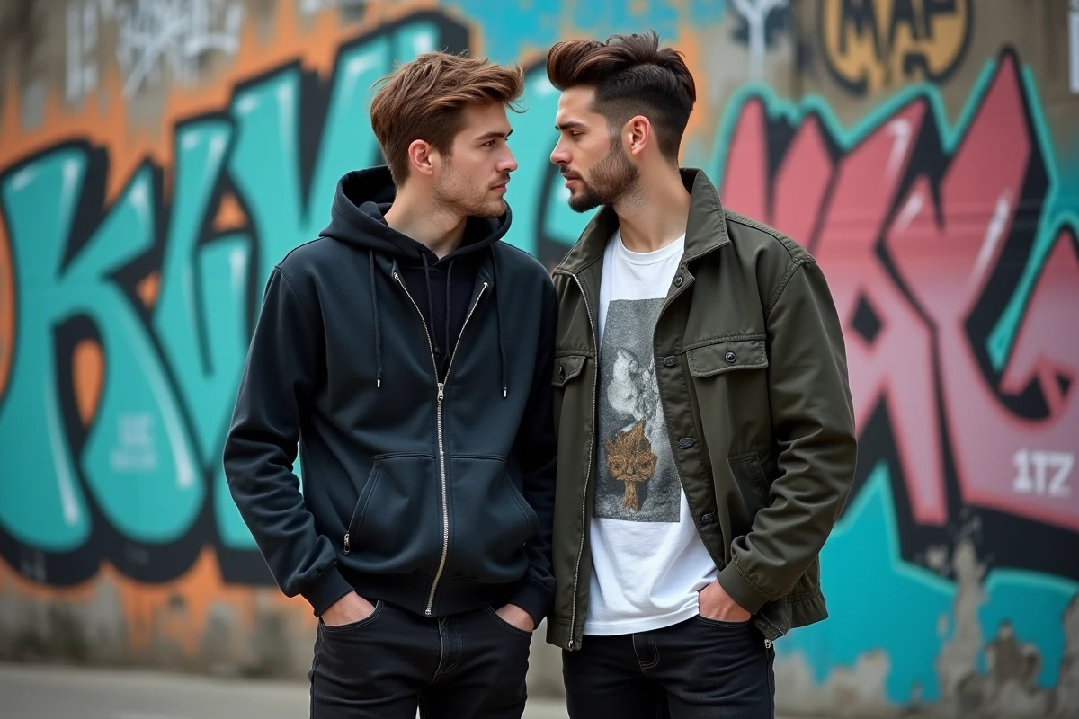 Deux jeunes hommes devant un mur graffiti en ville