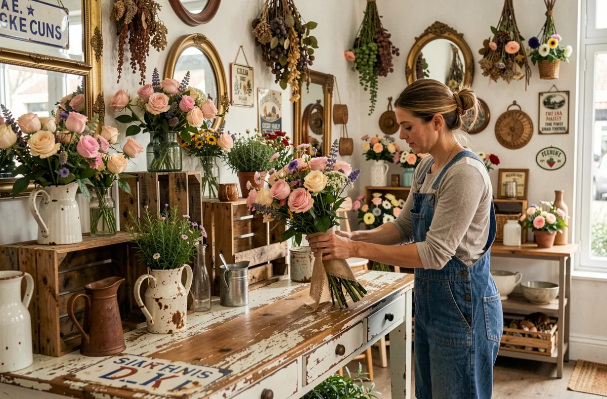 La boutique éclectique de La Broc' en Fleurs mélangeant brocante vintage et arrangements floraux rustiques dans des contenants recyclés