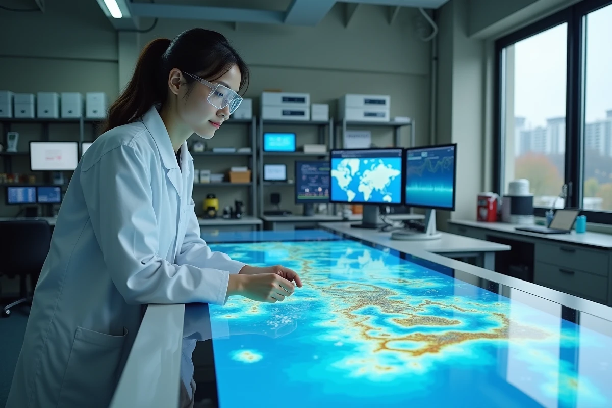 Géophysicienne japonaise étudiant des simulations de vagues du tsunami Tohoku dans un laboratoire universitaire moderne