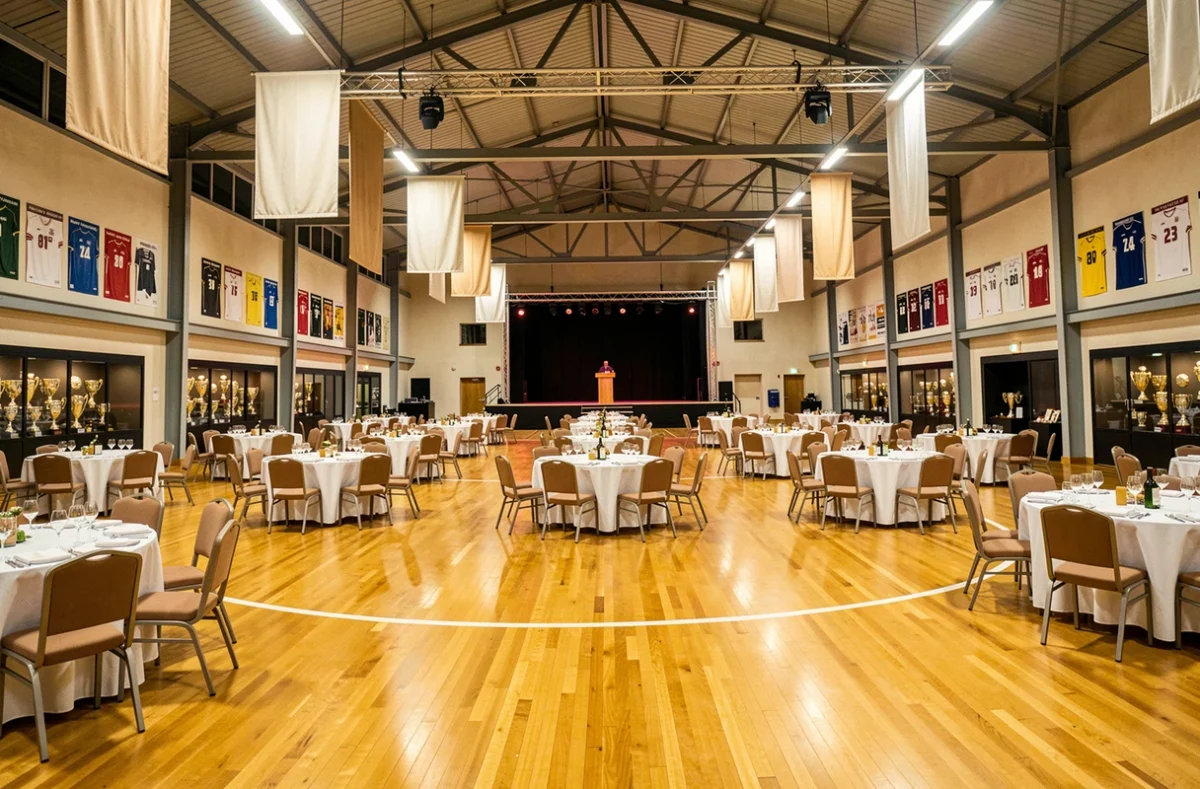 Le Grand Chelem, salle de sport reconvertie en espace de gala avec tables banquet et scène pour soirée événementielle