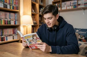 Jeune homme lisant un manga One Piece dans sa chambre entourée de volumes de manga