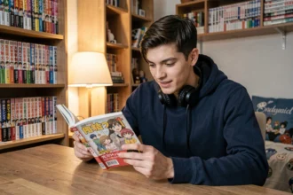 Jeune homme lisant un manga One Piece dans sa chambre entourée de volumes de manga