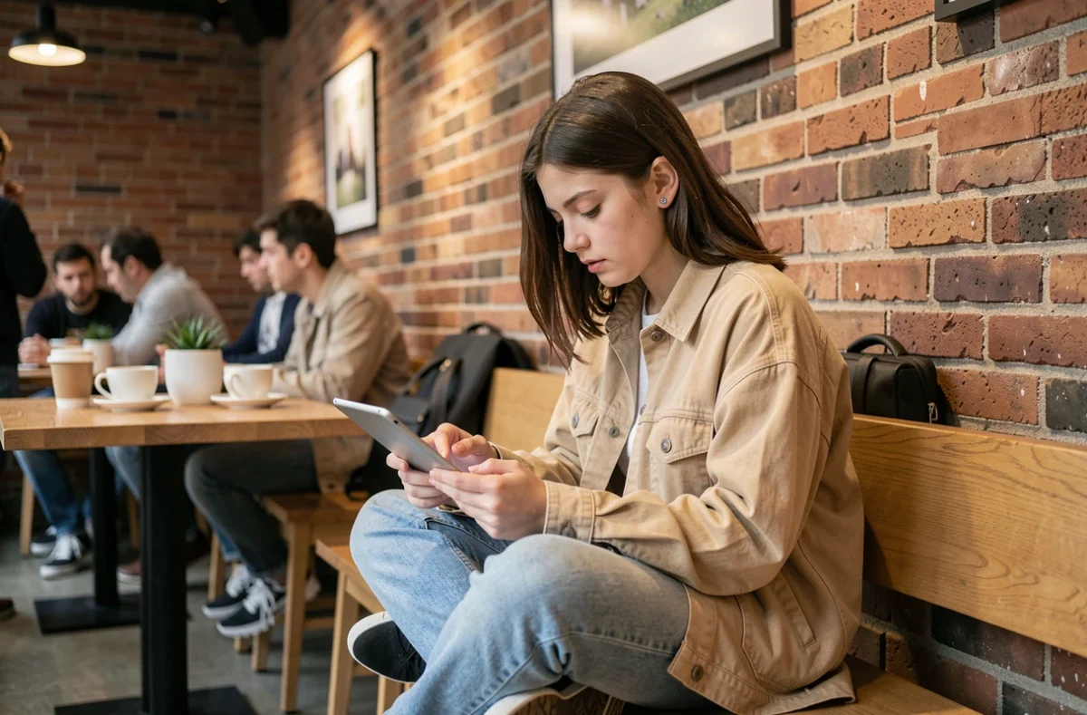 Adolescente lisant un scan de manga sur tablette dans un café urbain moderne