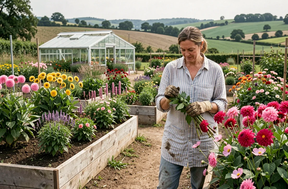 Le jardin coupant champêtre des Jardins de Gribouille avec une fleuriste récoltant des dahlias et des cosmos dans une propriété rurale de Bourgogne