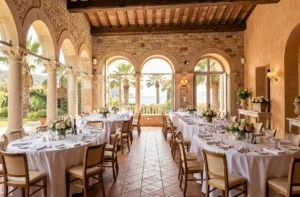 Salle de réception élégante dans les Alpes-Maritimes avec architecture provençale et vue sur des jardins méditerranéens