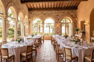 Salle de réception élégante dans les Alpes-Maritimes avec architecture provençale et vue sur des jardins méditerranéens