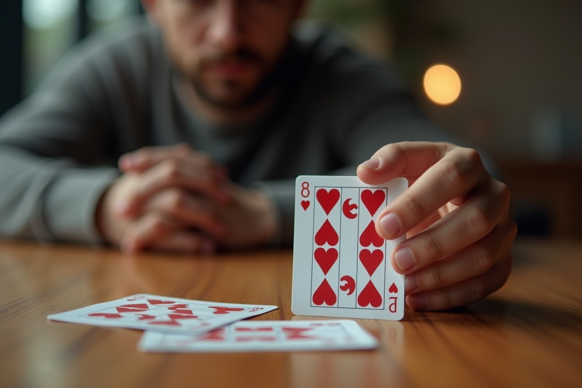 Main hésitant entre deux cartes de SkipBo sur une table en intérieur
