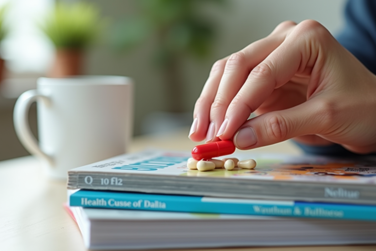 Main plaçant une vitamine B12 sur des magazines santé colorés