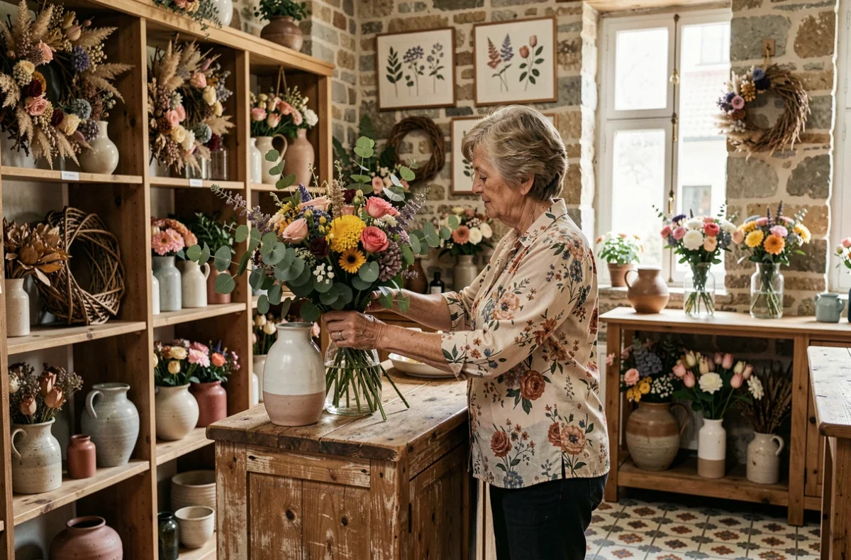 L'intérieur chaleureux de la Maison Nectoux Fleurs et Nature avec une fleuriste arrangeant un bouquet de fleurs sauvages et d'eucalyptus