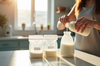 Maman verse doucement du lait dans des sacs de stockage pour bébé