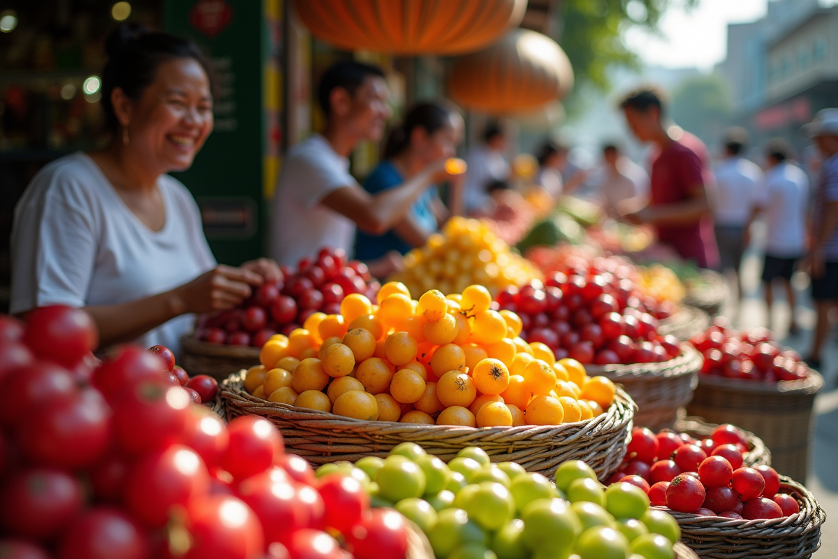 Marché vietnamien avec fruits wampee et goji en paniers