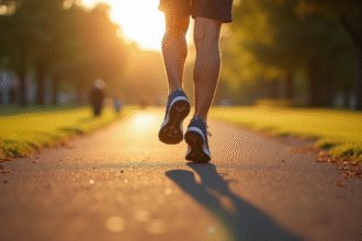 Personne marchant rapidement dans un parc ensoleille avec chaussures sur le gravier