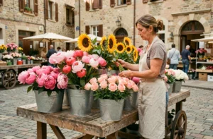 Un marché floral animé en Saône-et-Loire avec des bouquets colorés et une fleuriste en tablier de lin arrangeant des fleurs fraîches