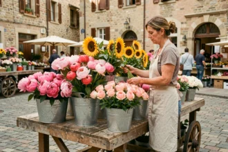 Un marché floral animé en Saône-et-Loire avec des bouquets colorés et une fleuriste en tablier de lin arrangeant des fleurs fraîches