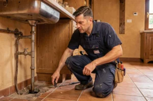 Plombier d'urgence intervenant sous un évier dans une maison des Pyrénées-Orientales