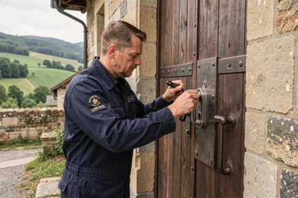 Serrurier professionnel intervenant sur une porte en pierre dans le Jura