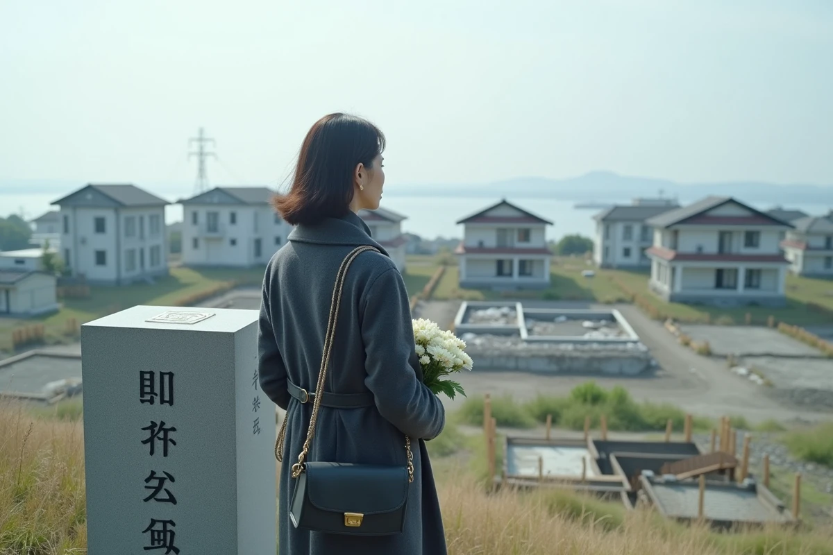 Femme japonaise se recueillant devant un mémorial du tsunami Tohoku sur la côte de Miyagi avec vue sur la ville reconstruite