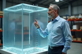 Ingénieur civil mesurant un mètre cube d'eau dans un réservoir transparent gradué en entrepôt industriel