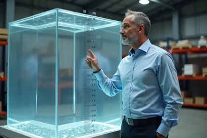 Ingénieur civil mesurant un mètre cube d'eau dans un réservoir transparent gradué en entrepôt industriel