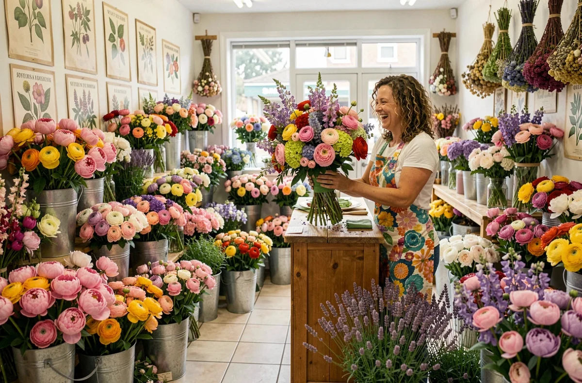 L'intérieur foisonnant de Mille et une Fleurs avec une fleuriste joyeuse créant un bouquet spectaculaire parmi des centaines de variétés de fleurs colorées