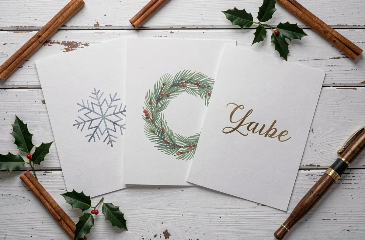 Trois modèles de cartes de Noël élégantes imprimées sur papier mat, disposées en éventail sur une surface en bois blanc avec des décorations naturelles