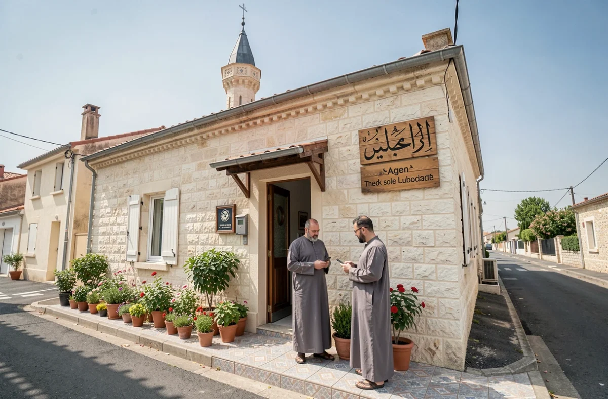 Façade d'une mosquée locale à Agen avec des fidèles musulmans à l'entrée