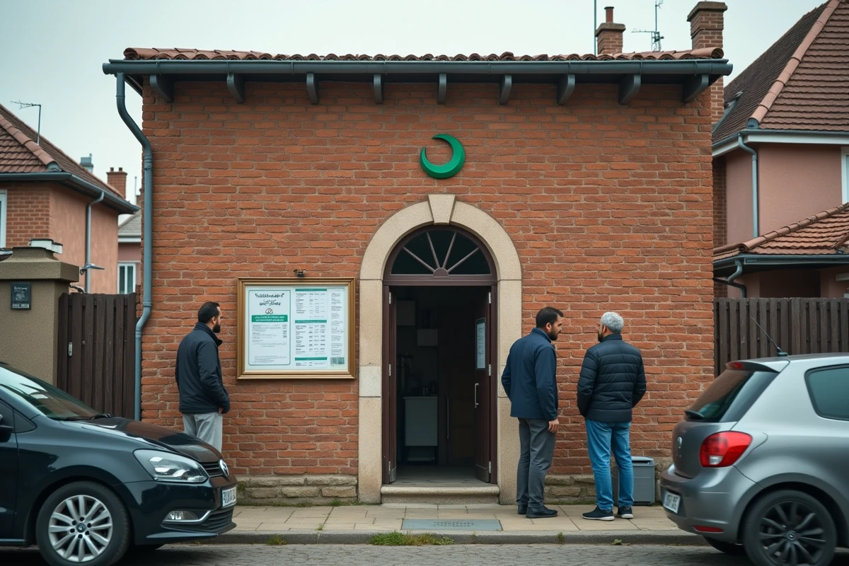 Façade d'une mosquée de quartier à Douai avec tableau des horaires de prière affiché