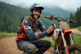 Jeune homme en motocross ajustant son guidon en nature