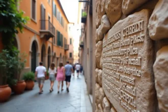 Grille de mots fléchés gravée dans une pierre ancienne à Rome avec des noms de villes italiennes visibles