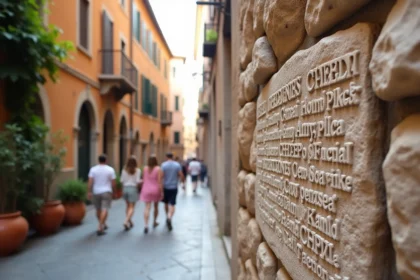 Grille de mots fléchés gravée dans une pierre ancienne à Rome avec des noms de villes italiennes visibles