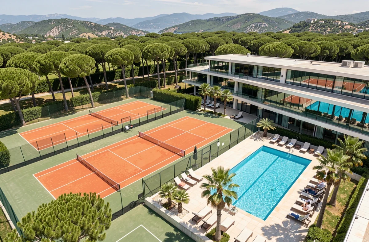 Mouratoglou Hôtel et Resort, complexe sportif et hôtelier de luxe avec courts de tennis et piscine dans les Alpes-Maritimes