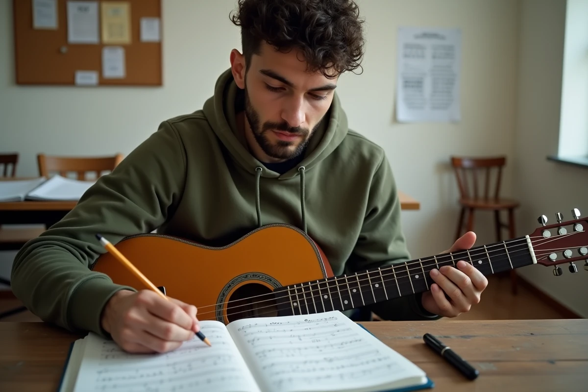 Jeune musicien annotant des tablatures de guitare pour créer un arrangement personnel en salle de répétition