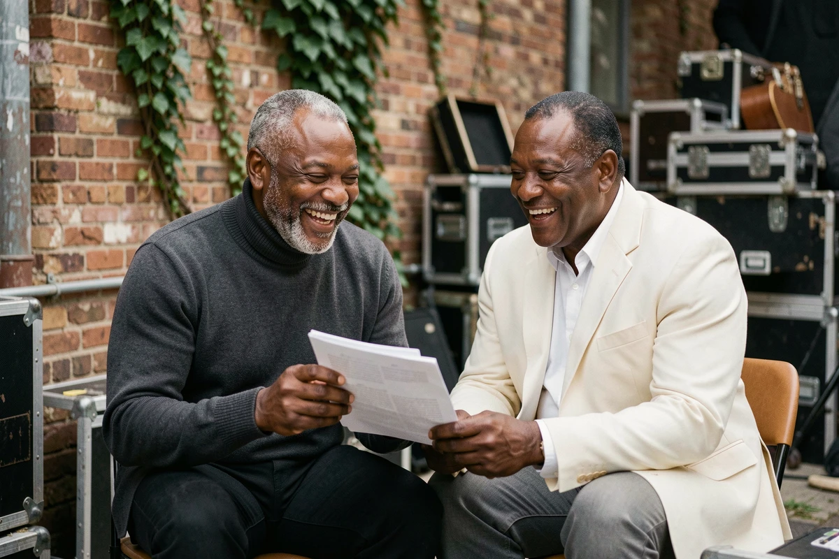 Deux musiciens noirs américains en discussion backstage lors d'un festival de jazz, illustrant l'héritage musical afro-américain au cinéma