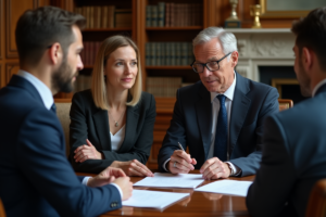 Notaire français expliquant documents dans un bureau parisien