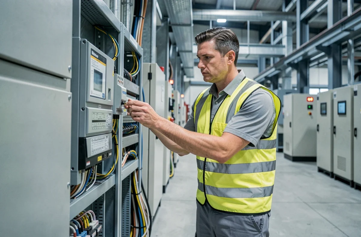 Technicien d'Ogelec Industrie vérifiant un tableau électrique industriel dans le Jura