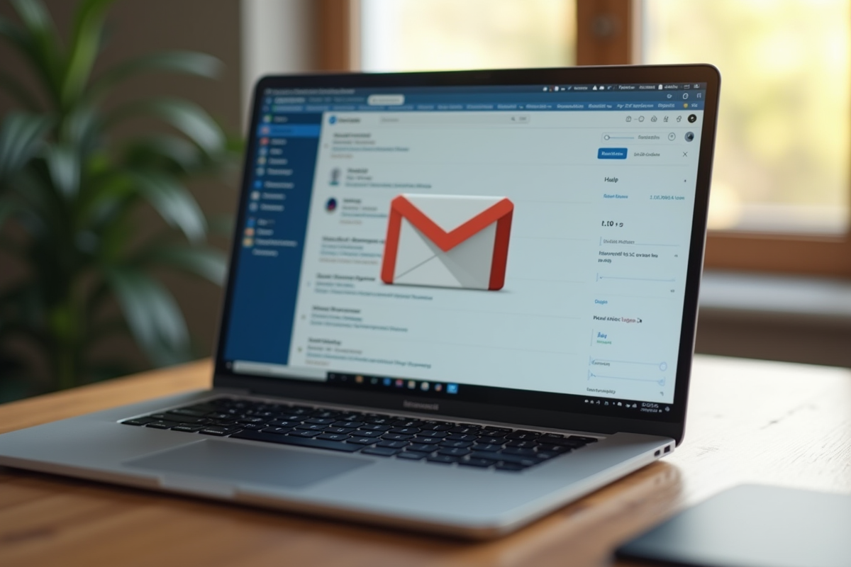 Ordinateur portable sur bureau en bois affichant une boîte mail Numericable