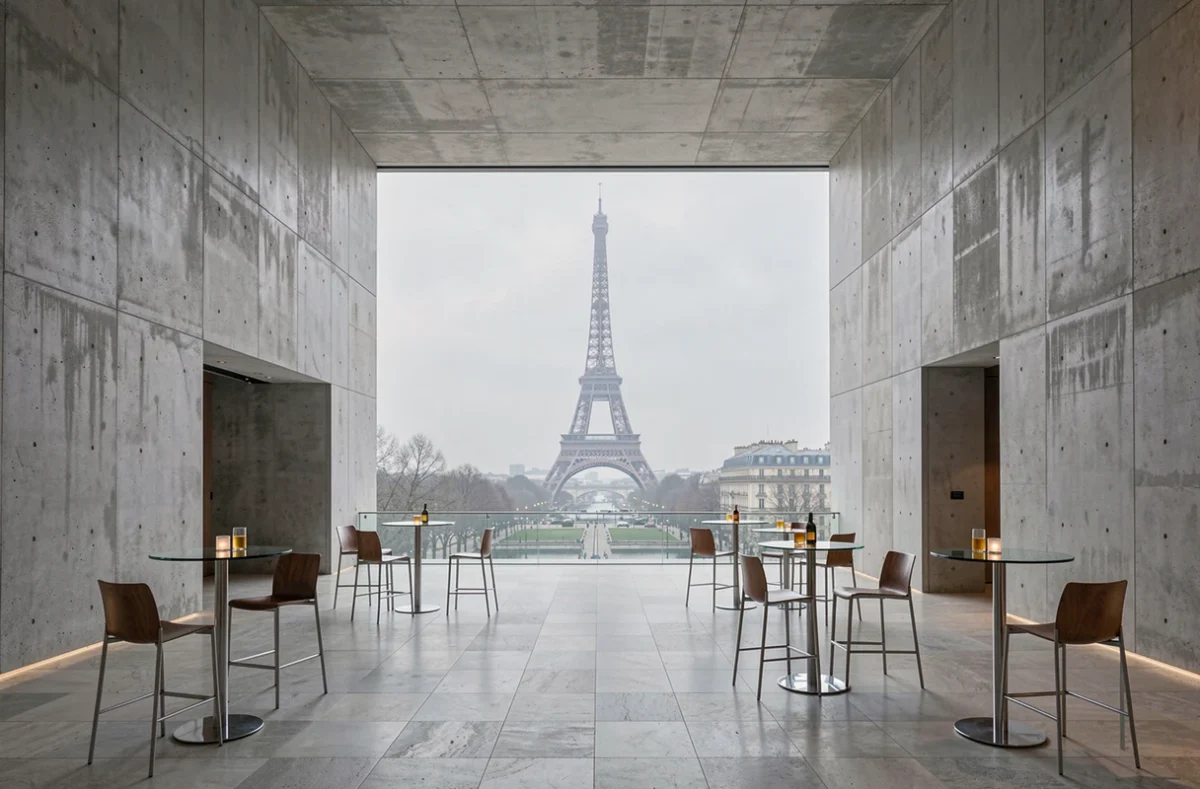 Espace événementiel du Palais de Tokyo avec architecture en béton brut, vue panoramique sur la Seine et la Tour Eiffel et tables cocktail modernes