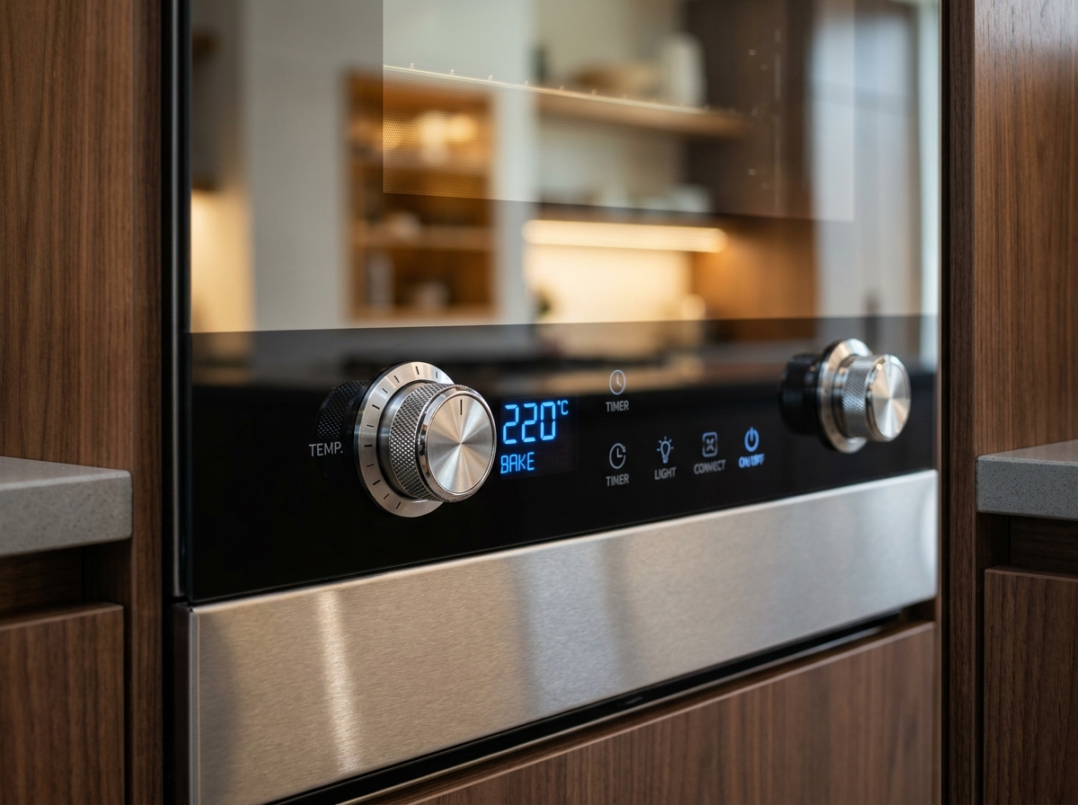 Gros plan sur le panneau de commande d'un four encastrable haut de gamme avec affichage numérique et cadran en inox