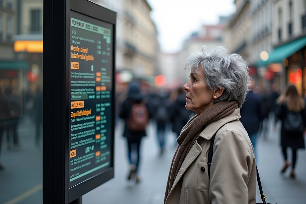 Femme consultant un panneau d'horaires de bus en temps réel à Lyon lors d'un festival majeur